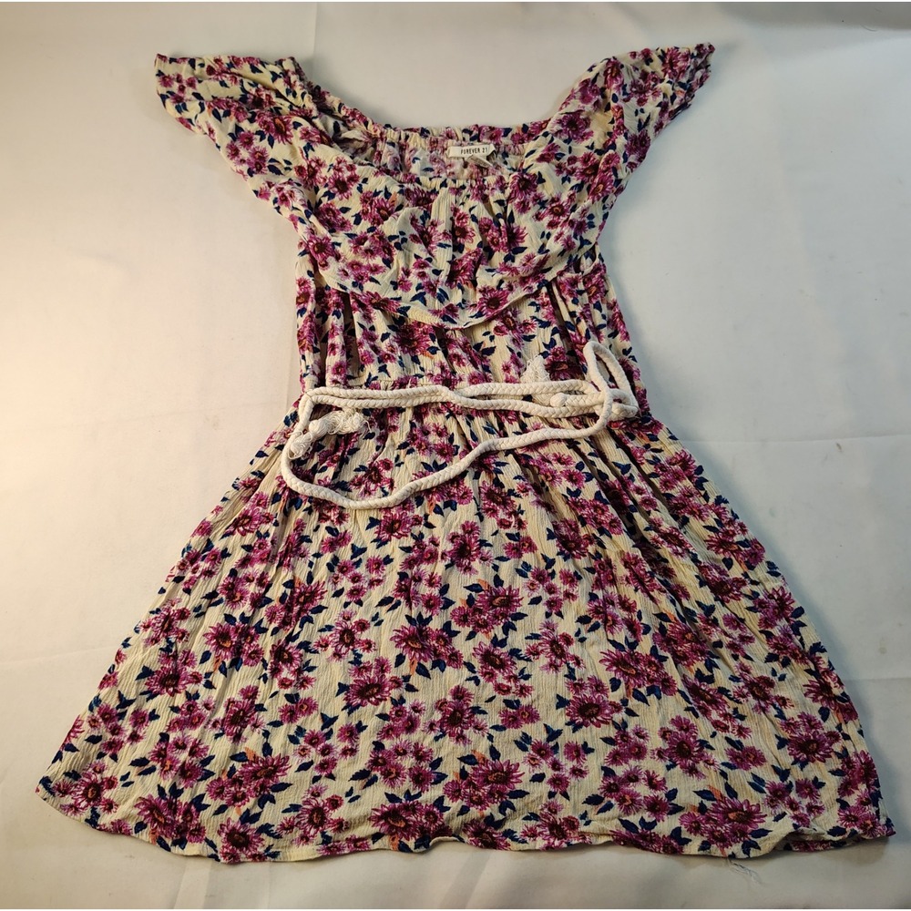 Forever 21 Floral Mini Dress Purple Pink Off Shoulder Ruffle Rope Belt Small